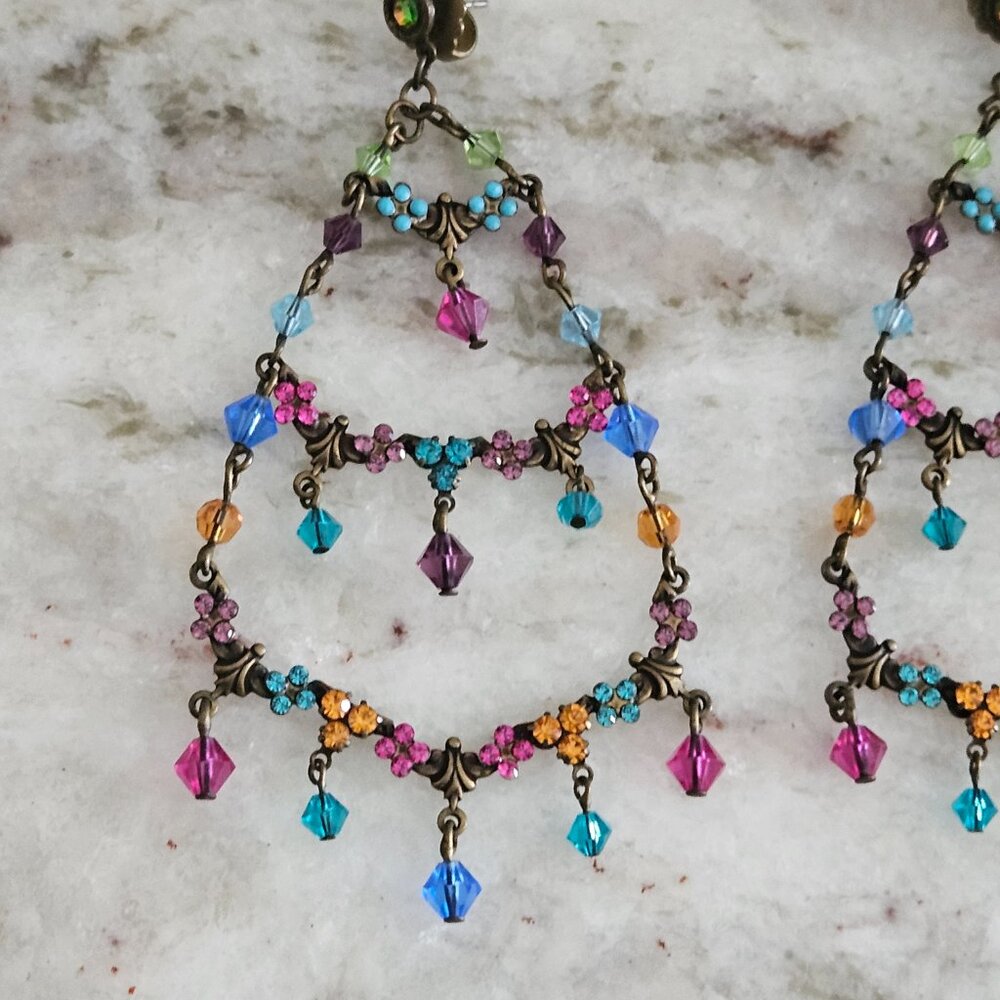 RARE VINTAGE SORRELLI FLOWER FLORAL CRYSTAL DROP DANGLE CHANDELIER EARRINGS - Picture 2 of 13
